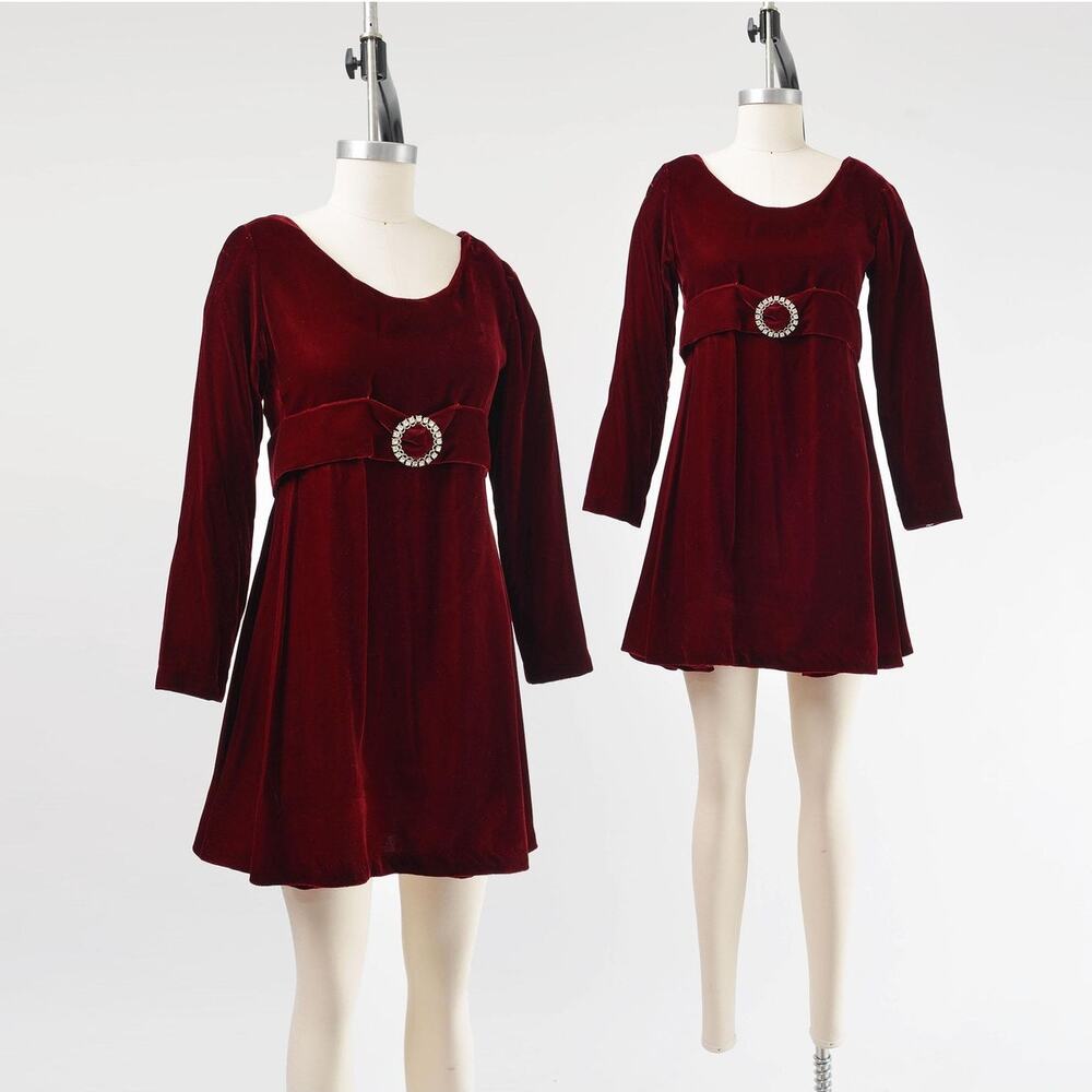 Vintage 60s Burgundy Velvet Dress Empire Waist Mod Retro A-line Mini Dress XS